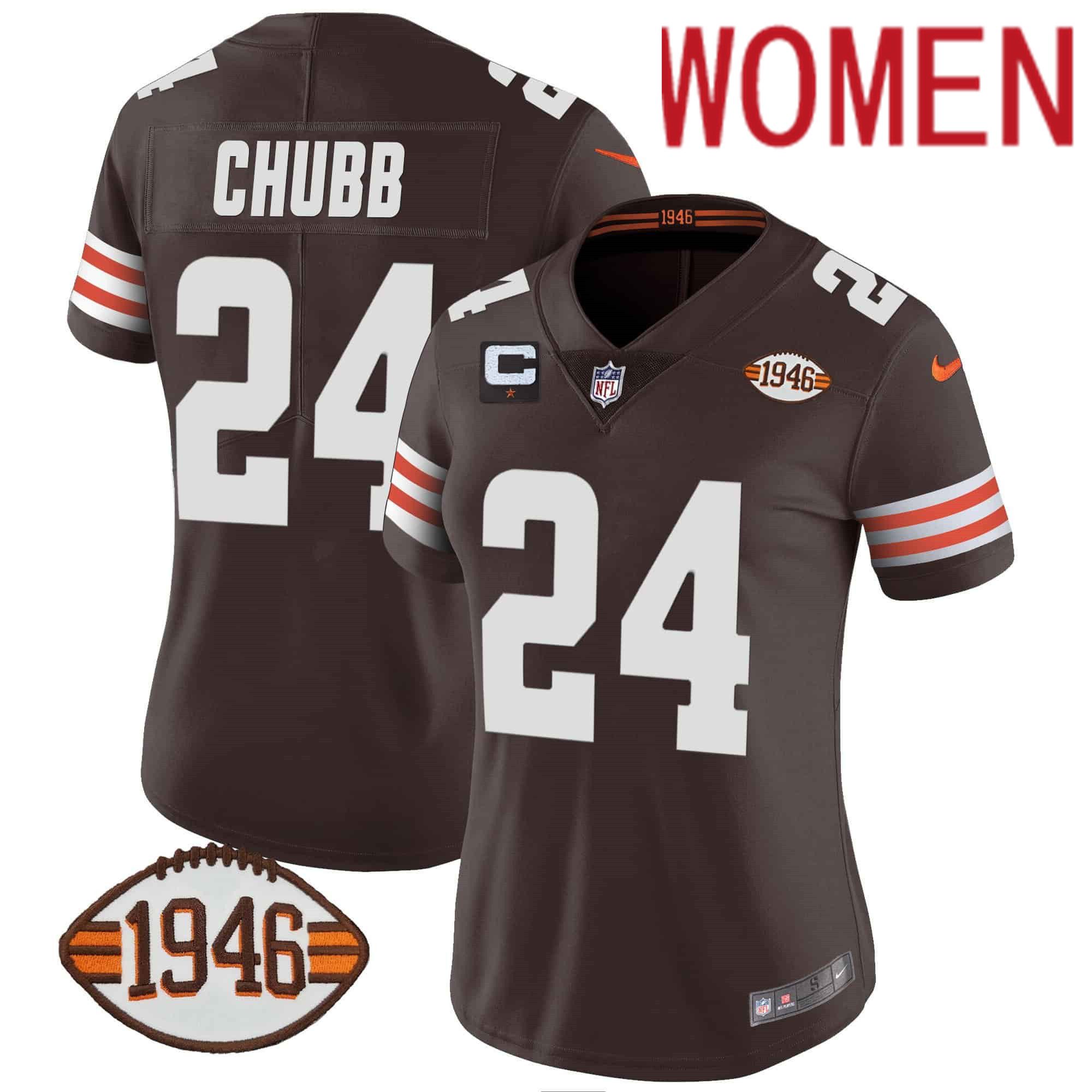Women Cleveland Browns 24 Chubb Brown 1946 75th Anniversary Patch 2024 Nike NFL Jersey style 1
